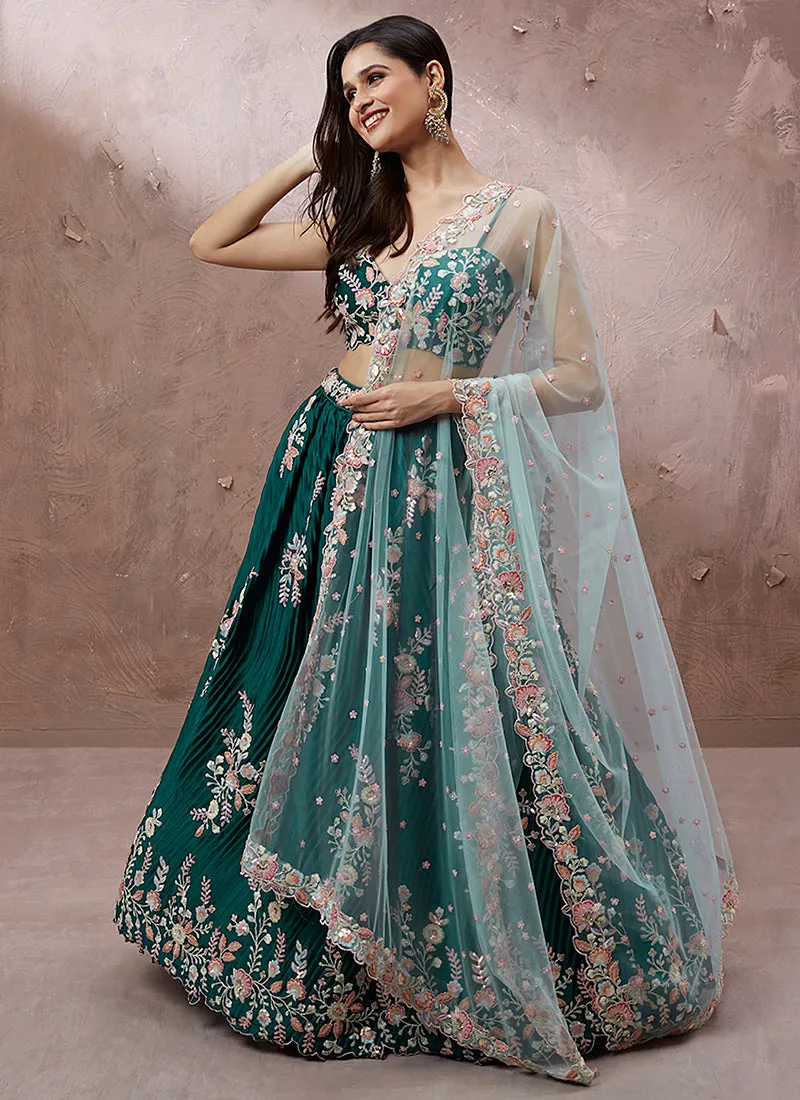 Teal Blue Multi Embroidery Wedding Lehenga Choli