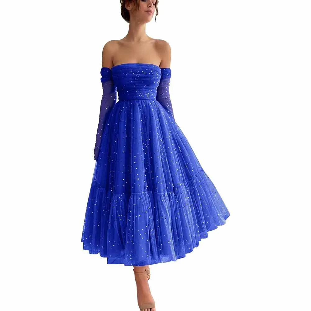 Teens Sparkly Starry Tulle Prom Dresses Off Shoulder Homecoming Dresses Formal Dress