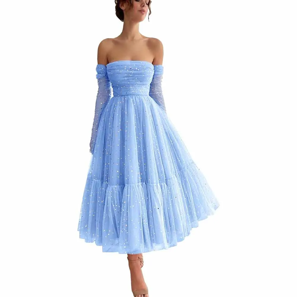 Teens Sparkly Starry Tulle Prom Dresses Off Shoulder Homecoming Dresses Formal Dress