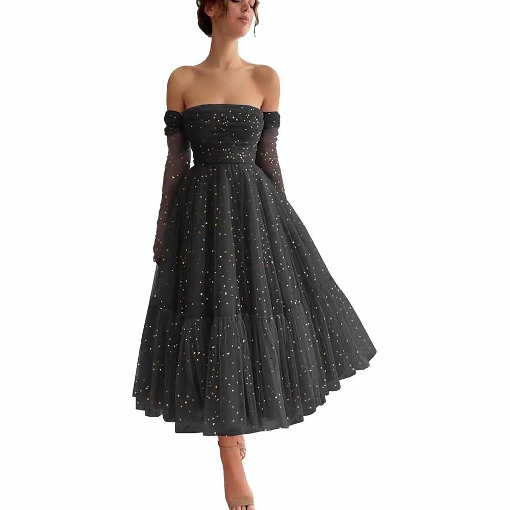 Teens Sparkly Starry Tulle Prom Dresses Off Shoulder Homecoming Dresses Formal Dress