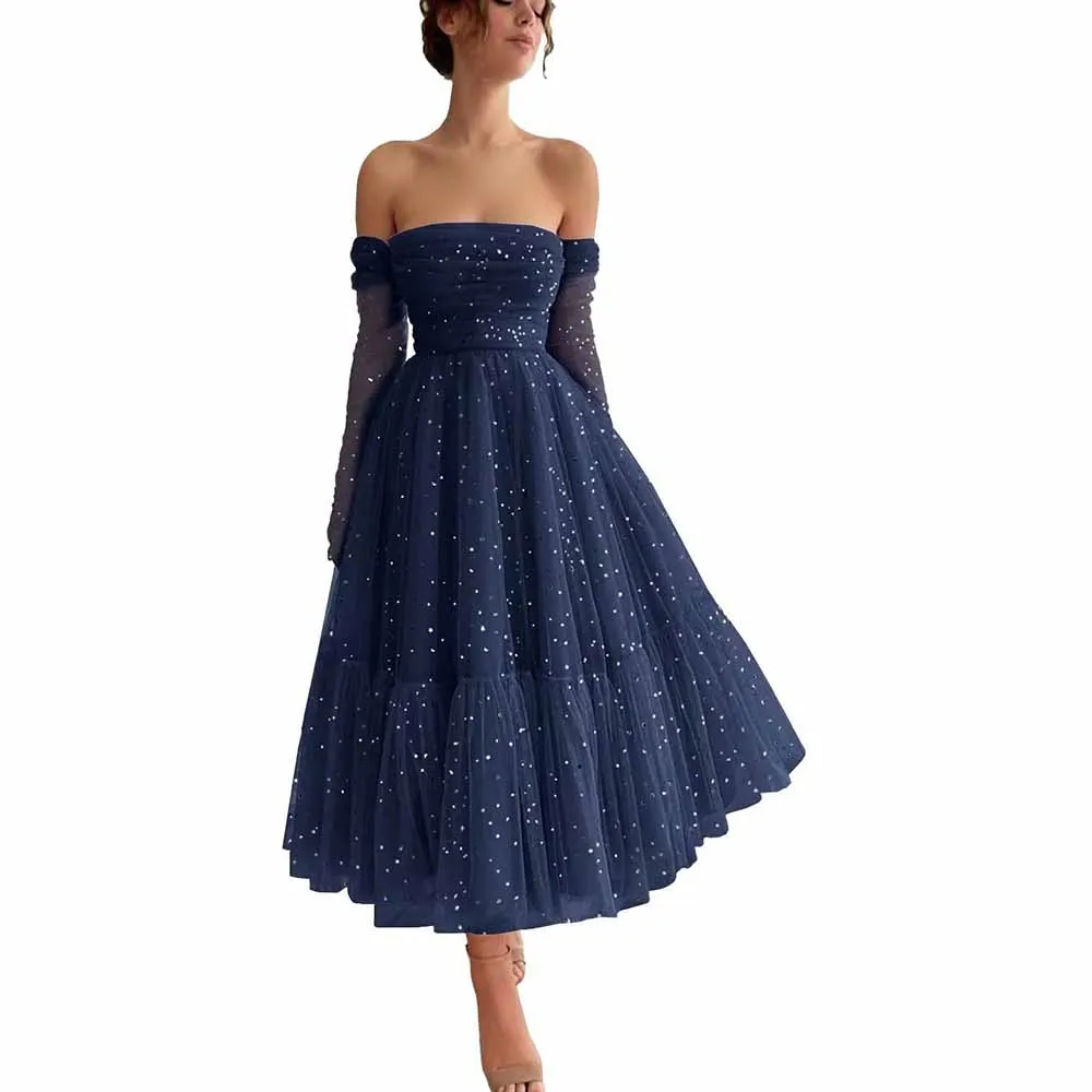 Teens Sparkly Starry Tulle Prom Dresses Off Shoulder Homecoming Dresses Formal Dress