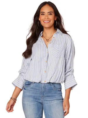 The Melanie Bubble Hem Striped Button Down Top