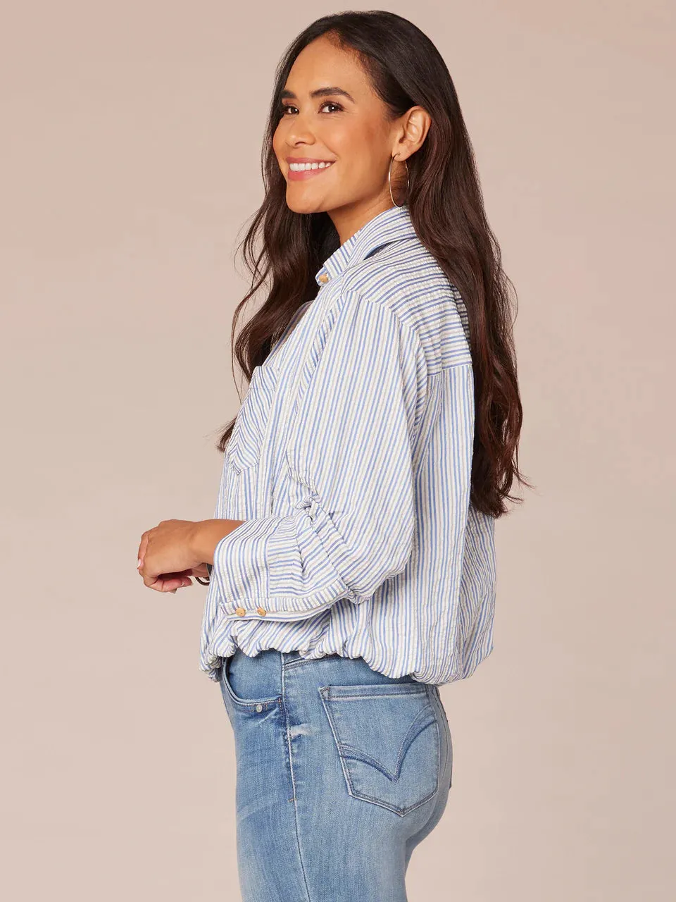 The Melanie Bubble Hem Striped Button Down Top