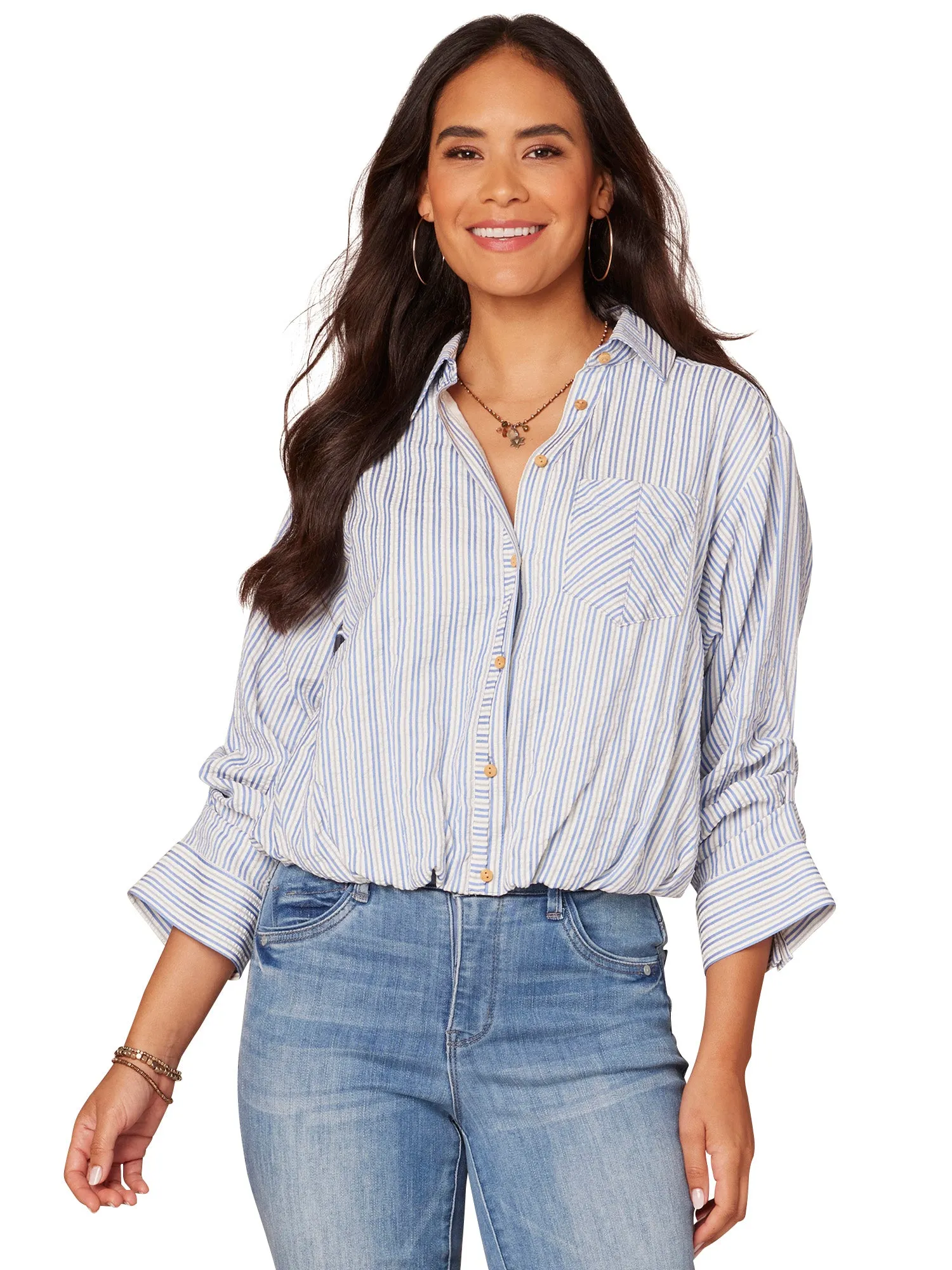 The Melanie Bubble Hem Striped Button Down Top
