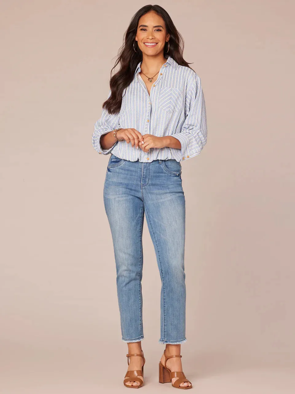 The Melanie Bubble Hem Striped Button Down Top
