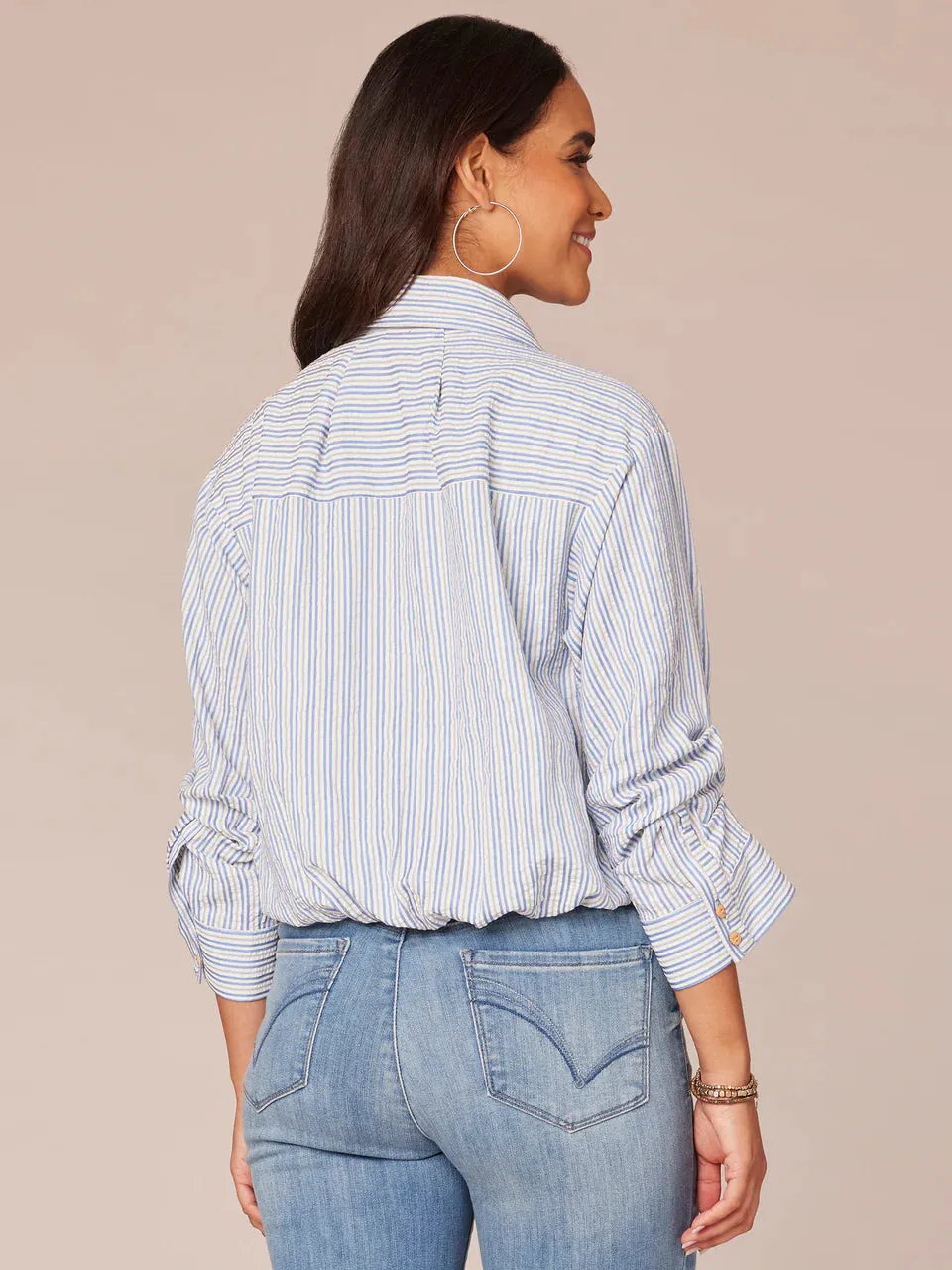The Melanie Bubble Hem Striped Button Down Top