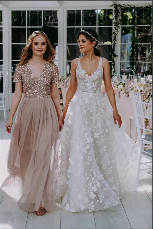 Tulle A Line V Neck Lace Wedding Dresses With 3D Flowers, Bridal Gown APW0418
