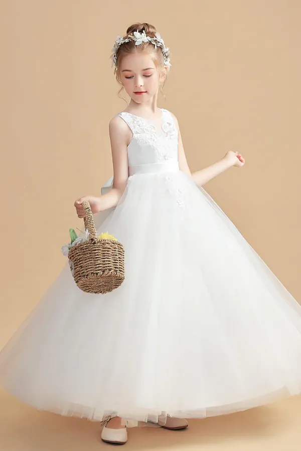 Tulle Sleeveless Ivory Flower Girl Dresses With Bowknot APF0027