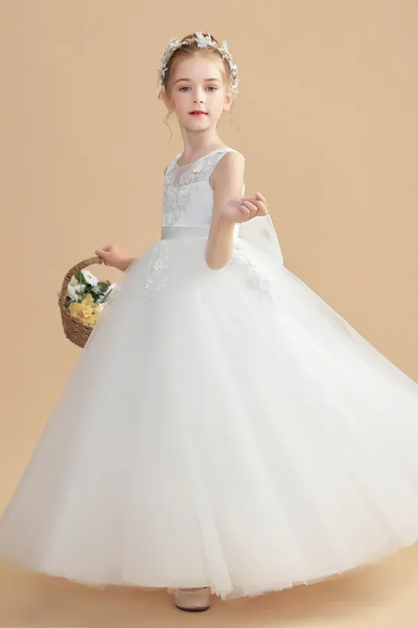 Tulle Sleeveless Ivory Flower Girl Dresses With Bowknot APF0027