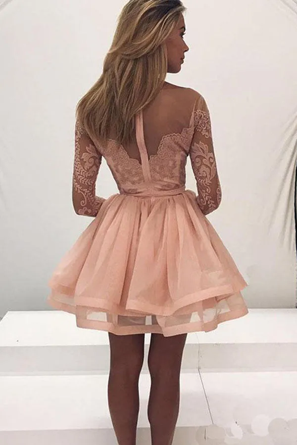 Tulle Zipper Back Long Sleeve Lace Homecoming Dress Party Dress, SH297