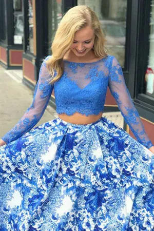 Two Piece Bateau Sweep Train Long Sleeves Blue Printed Satin Prom Dress with Beading Lace L020