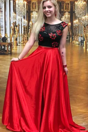 Two Piece Crew Sweep Train Red Satin Open Back Prom Dress with Embroidery Lace L026