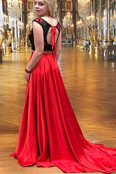 Two Piece Crew Sweep Train Red Satin Open Back Prom Dress with Embroidery Lace L026