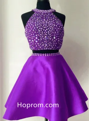 Two Piece Crystal Homecoming Dress, Elegant Purple Halter Short Prom Dress