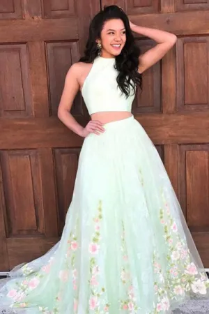 Two Piece Jewel Sweep Train Mint Lace Sleeveless Open Back Prom Dress with Appliques D020