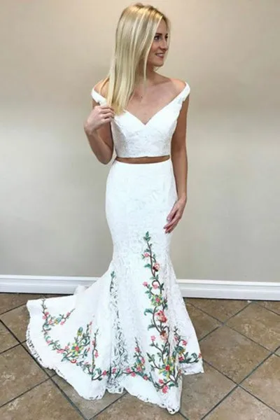 Two Piece Mermaid Off-the-Shoulder Sweep Train White Lace Prom Dress with Embroidery L031