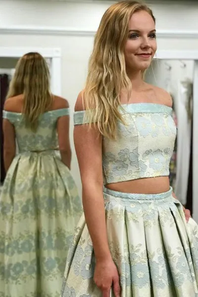 Two Piece Off-the-Shoulder Sweep Train Mint Printed Satin Prom Dress with Pockets C010