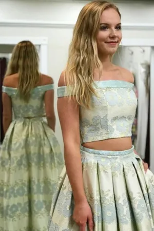 Two Piece Off-the-Shoulder Sweep Train Mint Printed Satin Prom Dress with Pockets C010