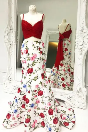 Two Piece Spaghetti Straps Sweep Train White Printed Satin Bowknot Prom Dress Z44