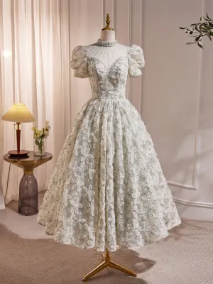 Unique Hight Neck Tulle Lace Tea Length Prom Dress, Light Green Formal Dress
