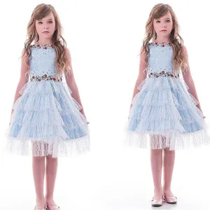 Unique Lace Blue Tea-length A-line Flower Girl Dresses With Beadings ,FGY0159