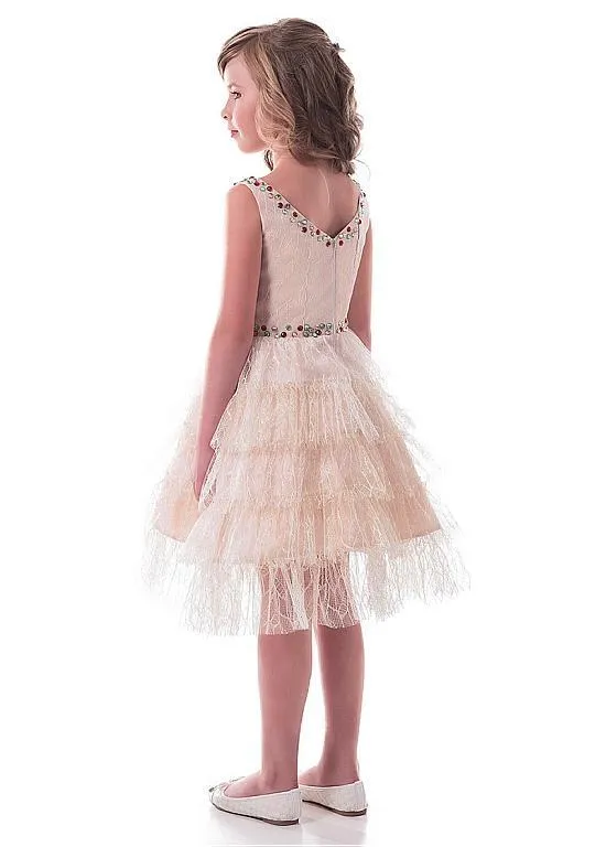 Unique Lace Blue Tea-length A-line Flower Girl Dresses With Beadings ,FGY0159