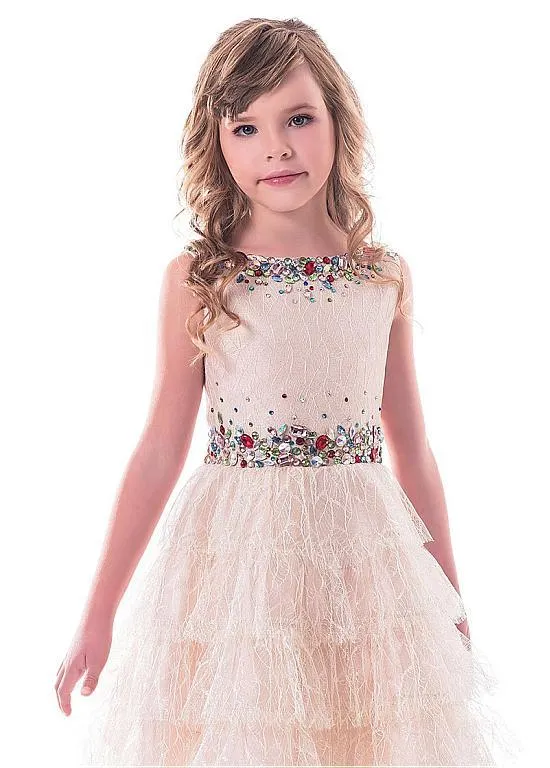 Unique Lace Blue Tea-length A-line Flower Girl Dresses With Beadings ,FGY0159