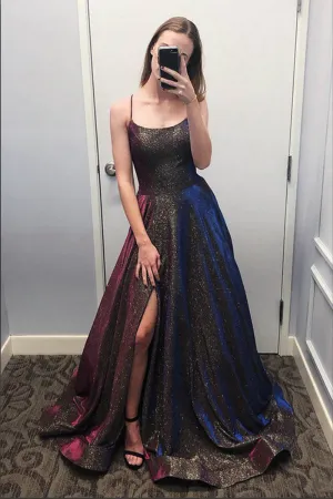 Unique Sparkly Ball Gown Spaghetti Straps Scoop Prom Dresses With Slit APP0741