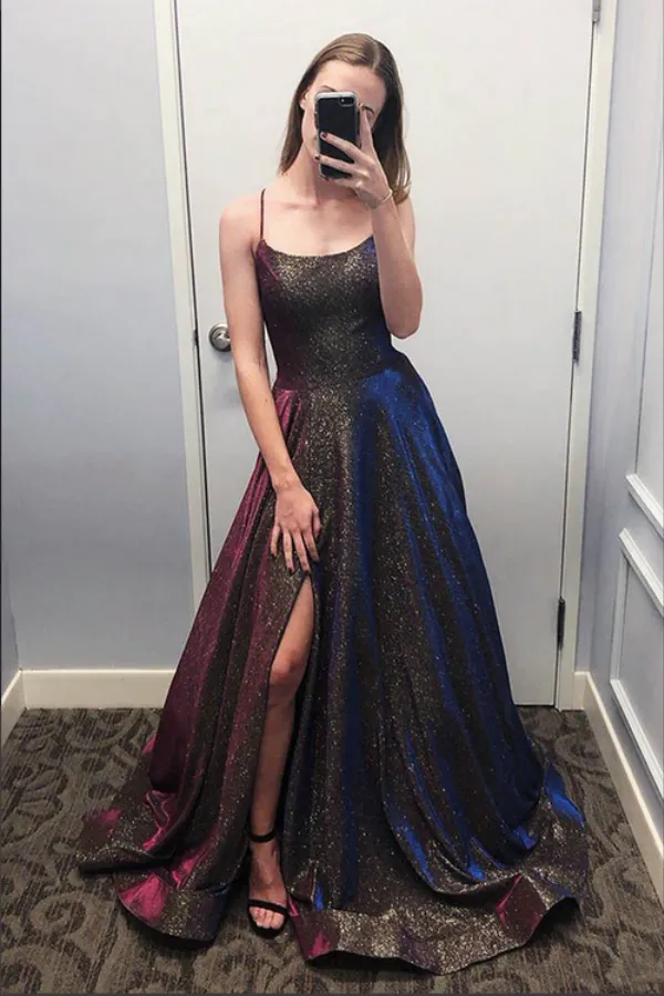 Unique Sparkly Ball Gown Spaghetti Straps Scoop Prom Dresses With Slit APP0741