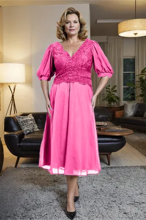 V-Neck A Line Half Lantern Sleeves Tea Length Mother of the Bride Dress