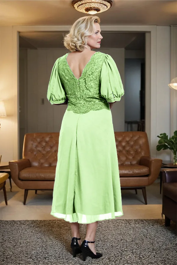 V-Neck A Line Half Lantern Sleeves Tea Length Mother of the Bride Dress
