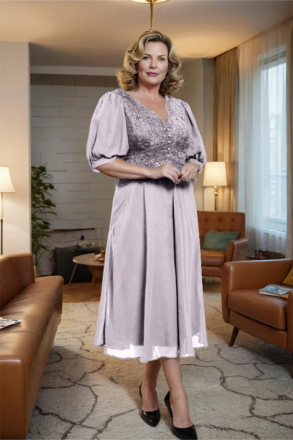 V-Neck A Line Half Lantern Sleeves Tea Length Mother of the Bride Dress