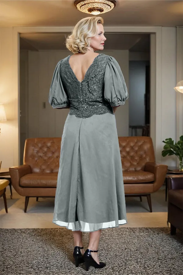 V-Neck A Line Half Lantern Sleeves Tea Length Mother of the Bride Dress