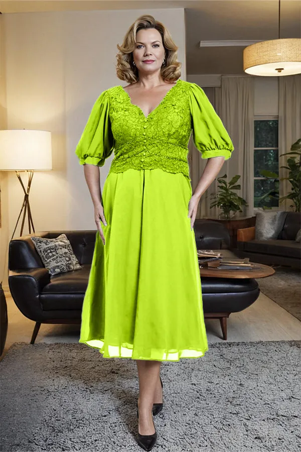 V-Neck A Line Half Lantern Sleeves Tea Length Mother of the Bride Dress