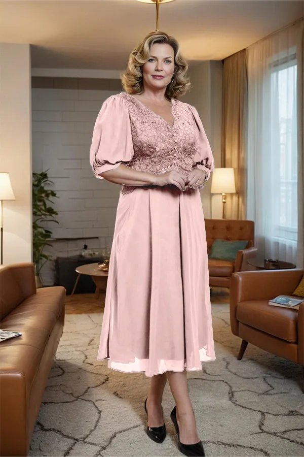 V-Neck A Line Half Lantern Sleeves Tea Length Mother of the Bride Dress