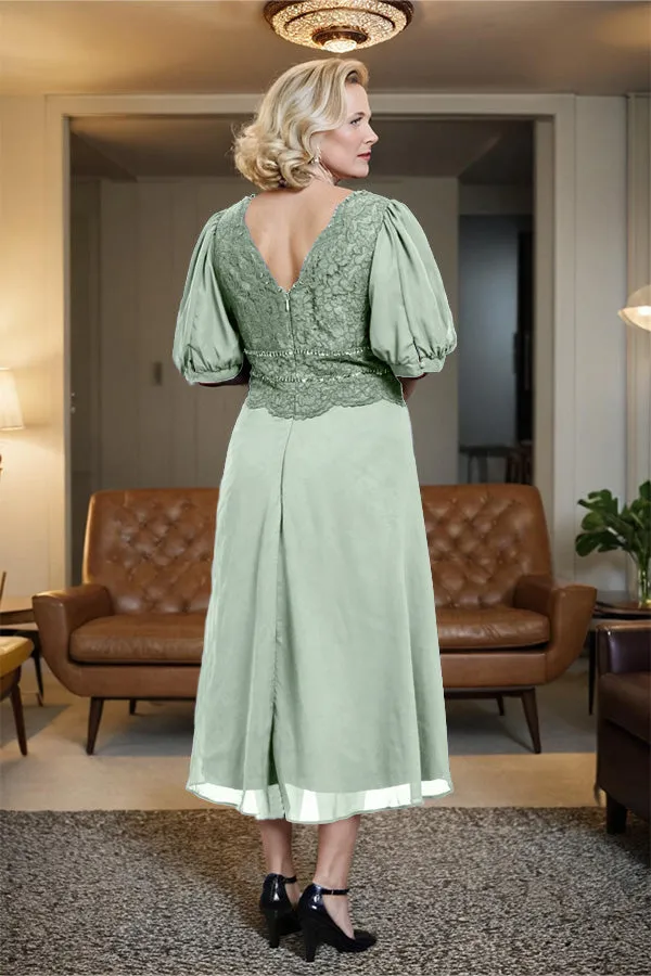 V-Neck A Line Half Lantern Sleeves Tea Length Mother of the Bride Dress