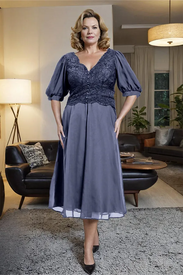 V-Neck A Line Half Lantern Sleeves Tea Length Mother of the Bride Dress