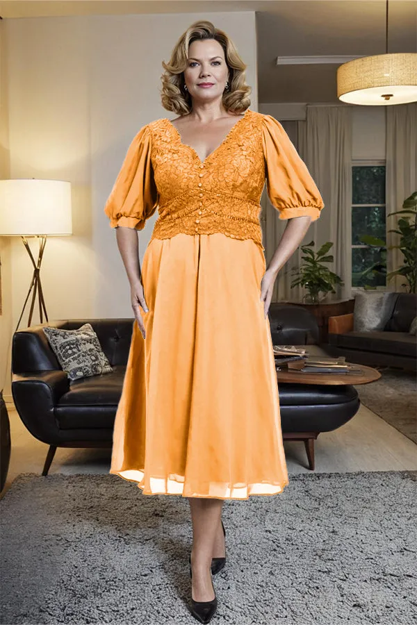 V-Neck A Line Half Lantern Sleeves Tea Length Mother of the Bride Dress