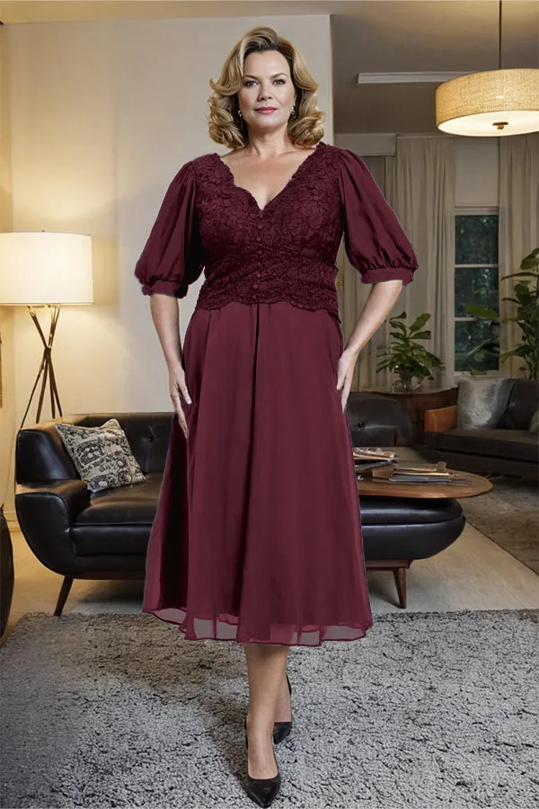 V-Neck A Line Half Lantern Sleeves Tea Length Mother of the Bride Dress