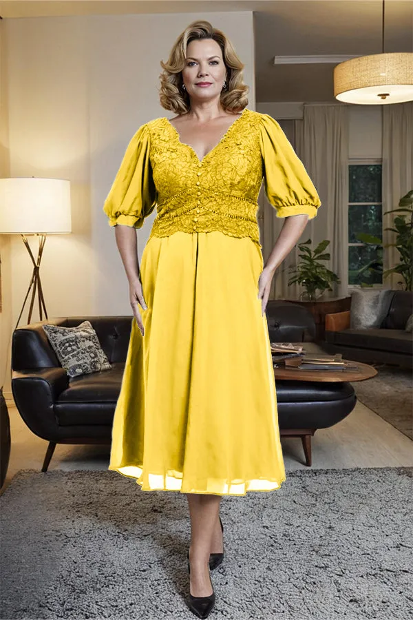 V-Neck A Line Half Lantern Sleeves Tea Length Mother of the Bride Dress