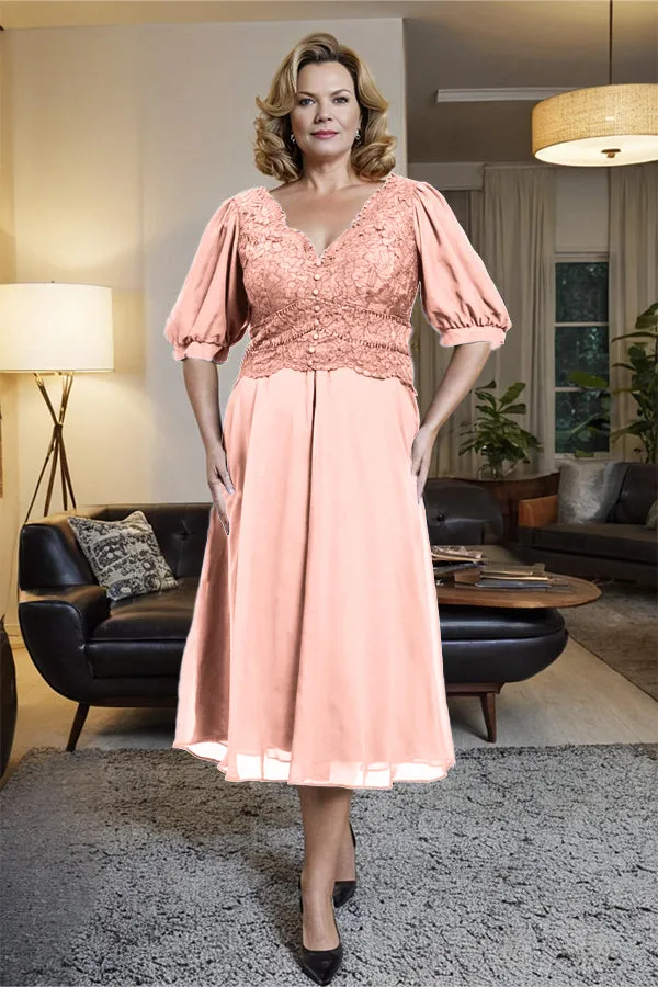 V-Neck A Line Half Lantern Sleeves Tea Length Mother of the Bride Dress