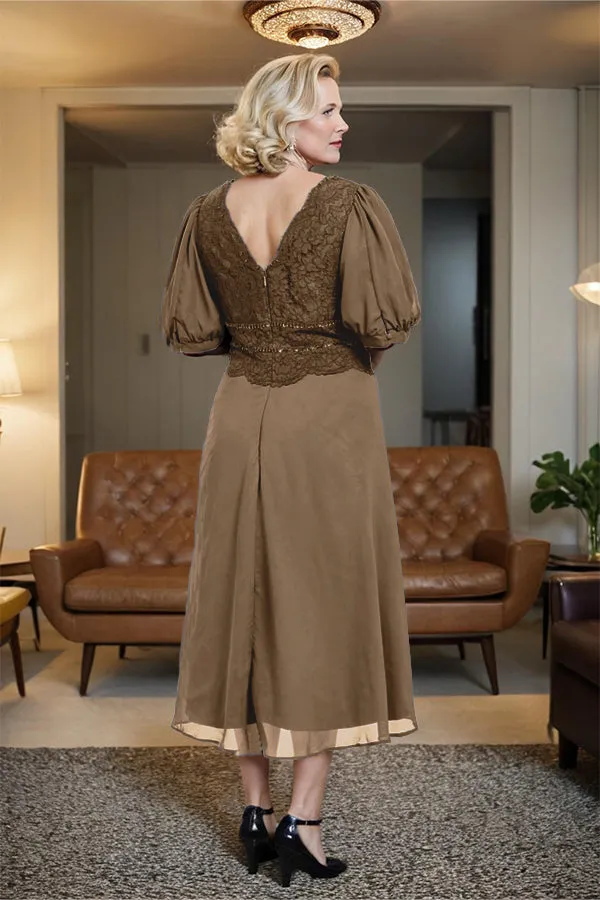 V-Neck A Line Half Lantern Sleeves Tea Length Mother of the Bride Dress