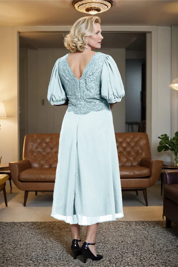 V-Neck A Line Half Lantern Sleeves Tea Length Mother of the Bride Dress