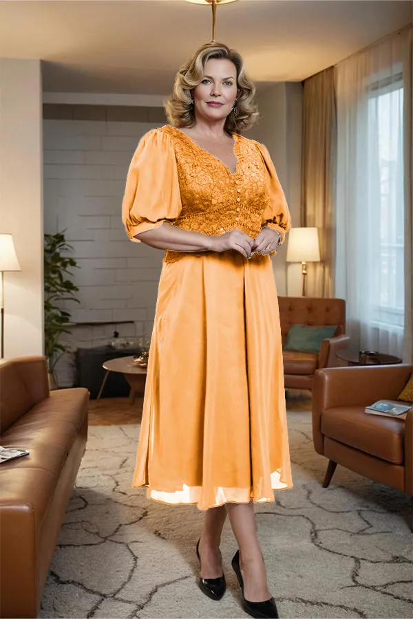 V-Neck A Line Half Lantern Sleeves Tea Length Mother of the Bride Dress