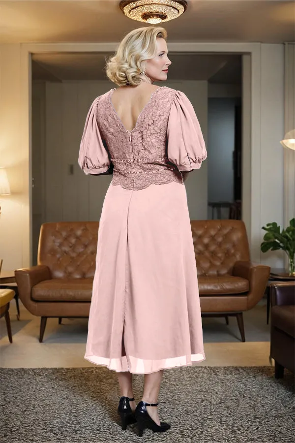 V-Neck A Line Half Lantern Sleeves Tea Length Mother of the Bride Dress