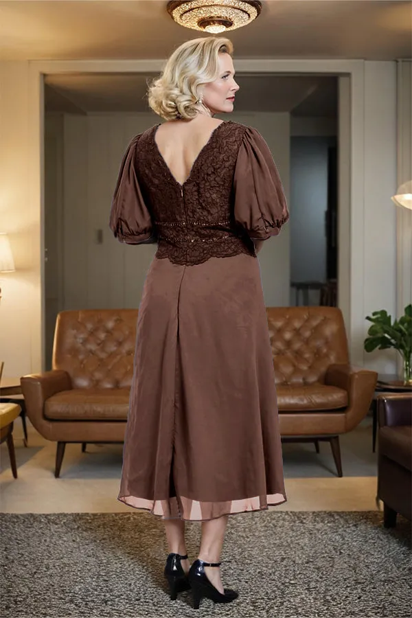 V-Neck A Line Half Lantern Sleeves Tea Length Mother of the Bride Dress