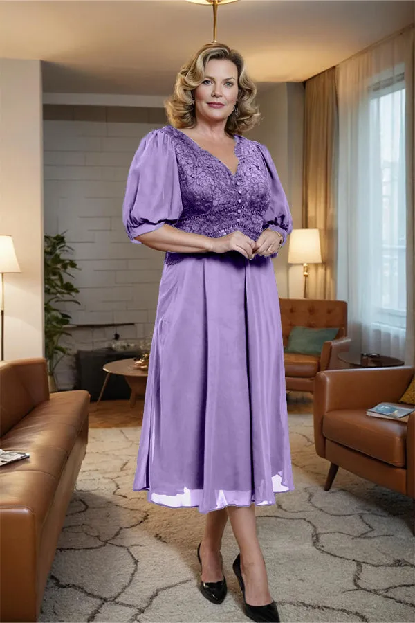 V-Neck A Line Half Lantern Sleeves Tea Length Mother of the Bride Dress