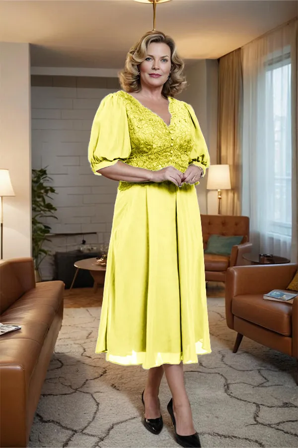 V-Neck A Line Half Lantern Sleeves Tea Length Mother of the Bride Dress