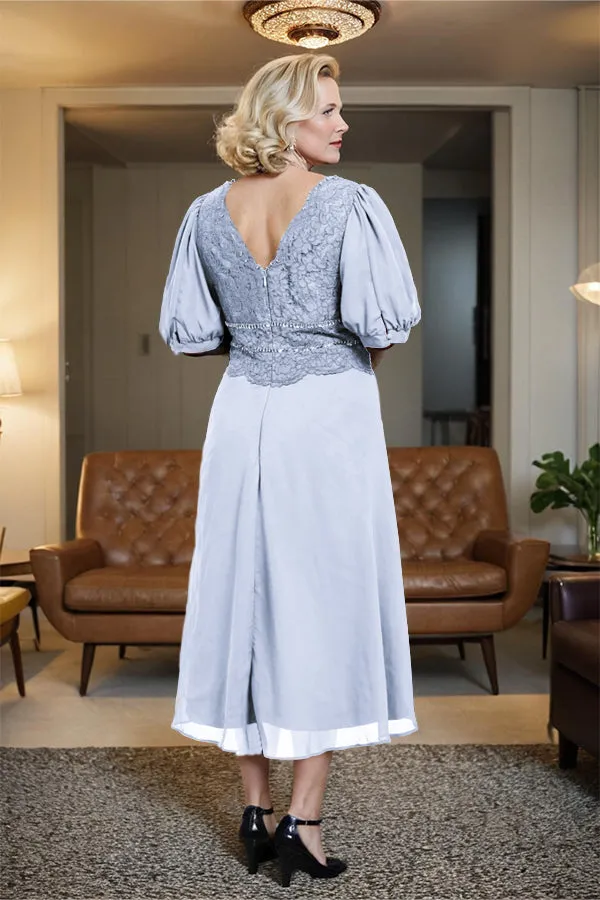 V-Neck A Line Half Lantern Sleeves Tea Length Mother of the Bride Dress