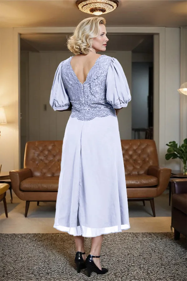 V-Neck A Line Half Lantern Sleeves Tea Length Mother of the Bride Dress